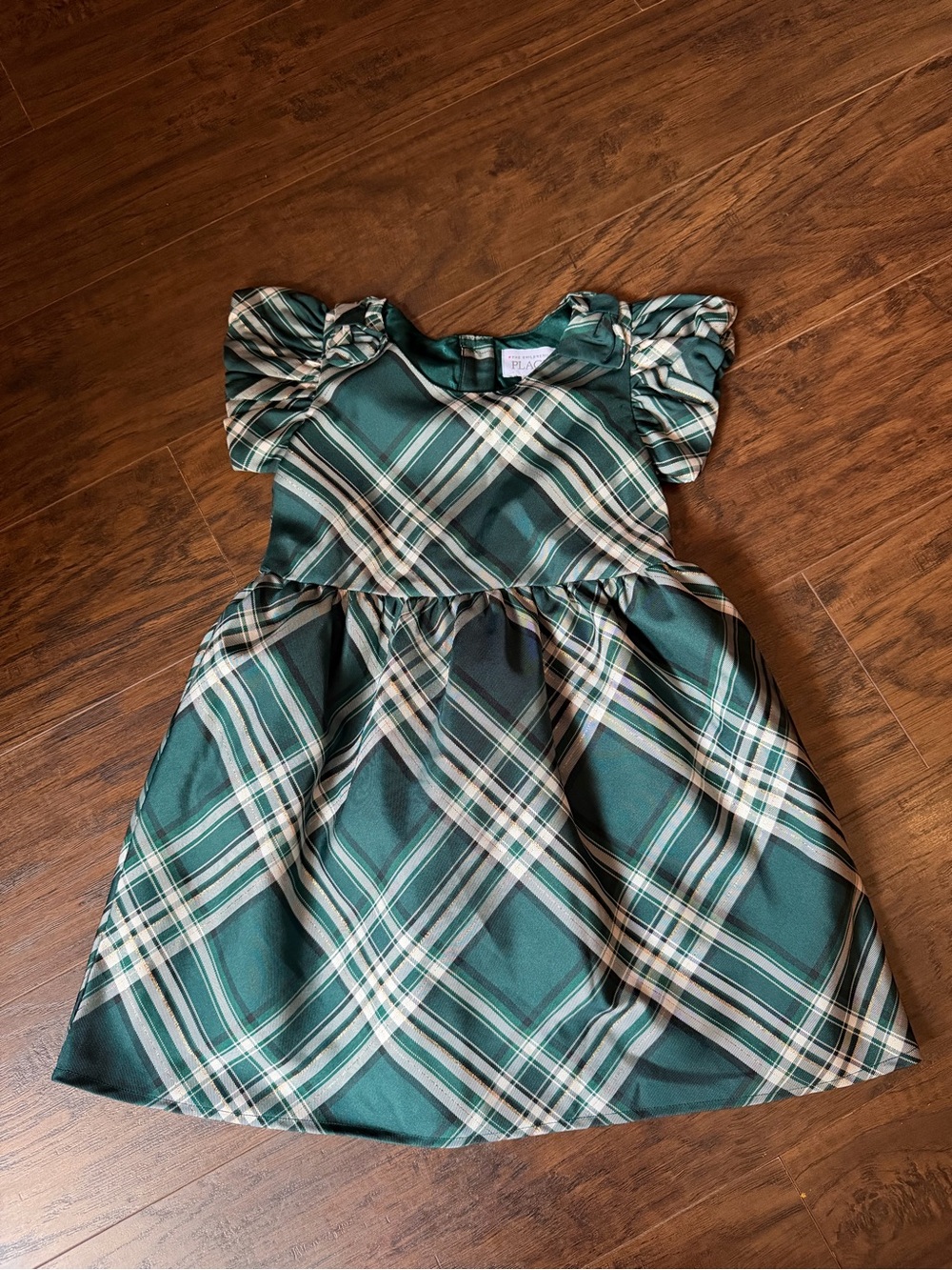 The Children's Place Green and Cream Plaid Party Dress with Puff Sleeves
